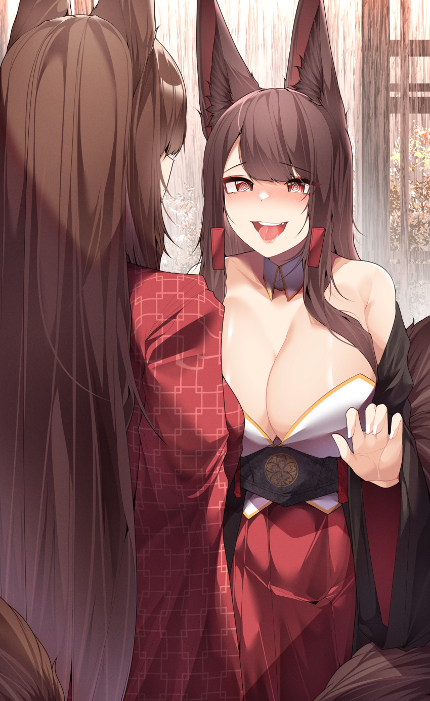 2girls :d @_@ absurdres akagi_(azur_lane) amagi_(azur_lane) animal_ears azur_lane black_kimono blush breasts brown_hair cleavage detached_collar eyeshadow facing_viewer fang fox_ears fox_girl fox_tail from_behind hair_ornament hair_over_one_eye hairclip hand_up highres indoors japanese_clothes kimono kitsune large_breasts long_hair looking_at_another makeup multiple_girls multiple_tails off_shoulder print_kimono red_eyes red_eyeshadow red_kimono red_skirt sakura_empire_(emblem) samip skirt smile tail very_long_hair you_gonna_get_raped yuri