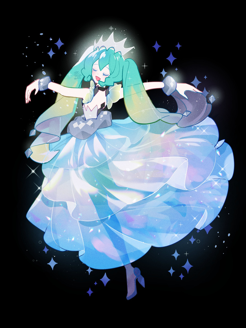 1girl absurdres arms_at_sides back black_background black_choker blue_dress choker closed_eyes crown dot_nose dress floating floating_hair full_body glint glowing glowing_crown green_hair gyuhwa happy hatsune_miku highres layered_dress legs_apart lens_flare light_particles long_dress music open_mouth project_voltage signature simple_background singing solo sparkle strapless strapless_dress twintails vocaloid