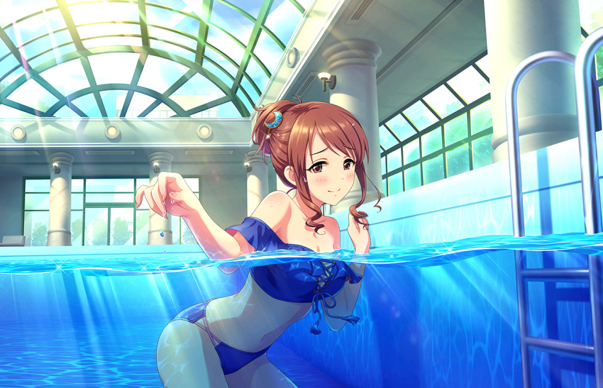 1girl artist_request bikini blue_bikini blush breasts brown_eyes brown_hair collarbone cowboy_shot crescent crescent_hair_ornament game_cg hair_ornament idolmaster idolmaster_cinderella_girls indoors looking_at_viewer mifune_miyu partially_submerged pool pool_ladder poolside solo sunlight swimsuit third-party_source