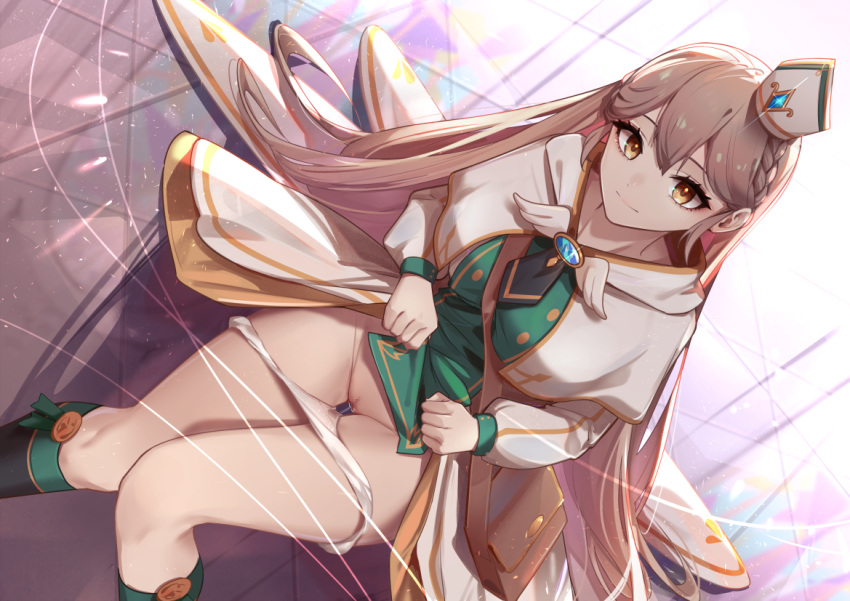 1girl bag bishop bishop_(maplestory) braid breasts brooch brown_hair cape censored cleft_of_venus cleric clothes_lift faicha floor hair_behind_ear handbag hat jewelry large_breasts long_hair looking_at_viewer maplestory mini_hat mosaic_censoring multicolored_background on_floor panties panty_pull priest pussy pussy_juice reflection reflective_floor shoulder_bag sitting skirt skirt_lift smile socks thighs tilted_headwear underwear very_long_hair wet wet_clothes wet_panties white_panties window yellow_eyes