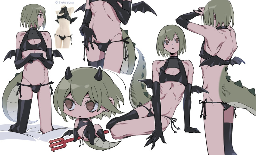 1boy bat_wings black_bikini_bottom black_bridal_gauntlets black_nails black_tank_top black_thighhighs brown_eyes bulge chibi cleavage_cutout clothing_cutout collage cropped_head cropped_legs cropped_torso double-parted_bangs dragon_boy dragon_tail earrings flat_chest full_body green_hair hana_(adey) jewelry kneeling medium_hair midriff no_navel original otoko_no_ko pitchfork seiza single_thighhigh sitting standing tail tank_top ten_(lu2948d) thighhighs white_background wings yellow_eyes