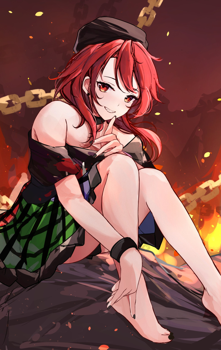 1girl absurdres barefoot black_headwear black_nails chain error hecatia_lapislazuli highres looking_at_viewer multicolored_clothes multicolored_skirt off_shoulder orchid_(orukido) parted_lips plaid plaid_skirt red_eyes red_hair sitting skirt smile solo touhou wrong_feet