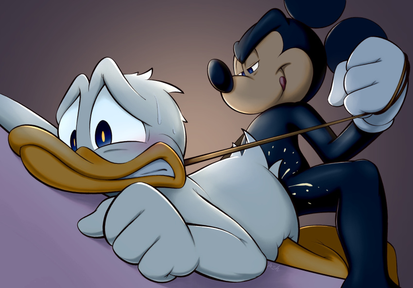 anal anatid anseriform anthro avian bird bodily_fluids disney donald_duck duck duo hi_res leash leash_pull male male/male mammal mickey_mouse mickeyryona mouse murid murine rodent