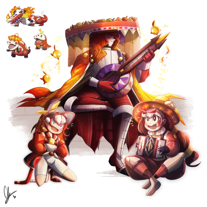 3boys :d absurdres accordion barefoot bird black_eyes black_gloves blush_stickers boots cape crocalor endifi english_commentary facepaint fuecoco gloves hat highres humanization instrument jacket multiple_boys music playing_instrument pokemon red_footwear red_gloves red_hair red_jacket shorts sitting skeledirge smile sombrero visor_cap white_hair yellow_eyes
