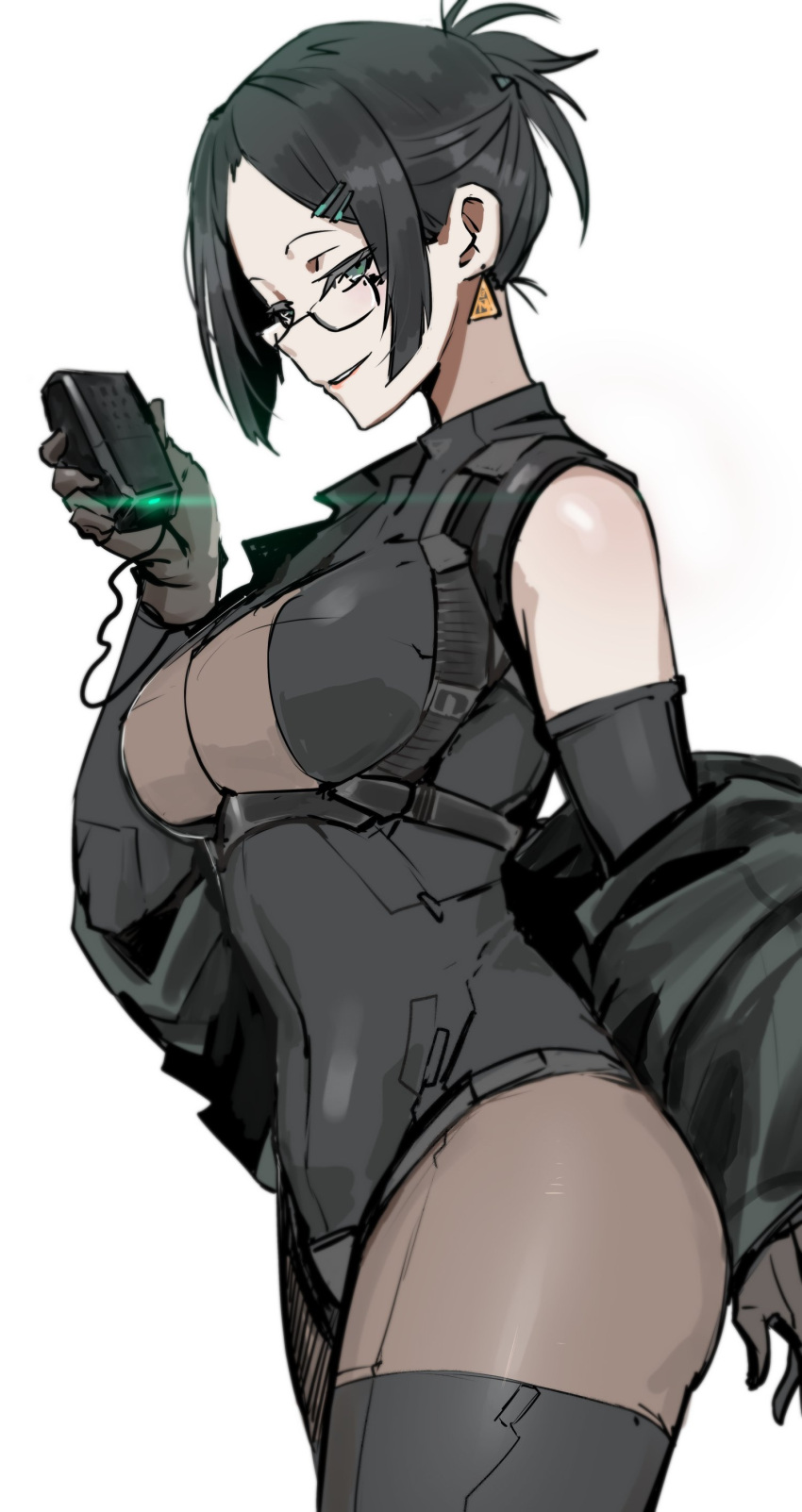 1girl absurdres armored_core armored_core_6 black_hair black_thighhighs breasts brown_gloves detached_sleeves glasses gloves green_eyes hair_ornament hairclip highres jacket kate_markson large_breasts las91214 looking_at_viewer open_clothes open_jacket radio receiver sleeveless smug solo_focus thighhighs white_background