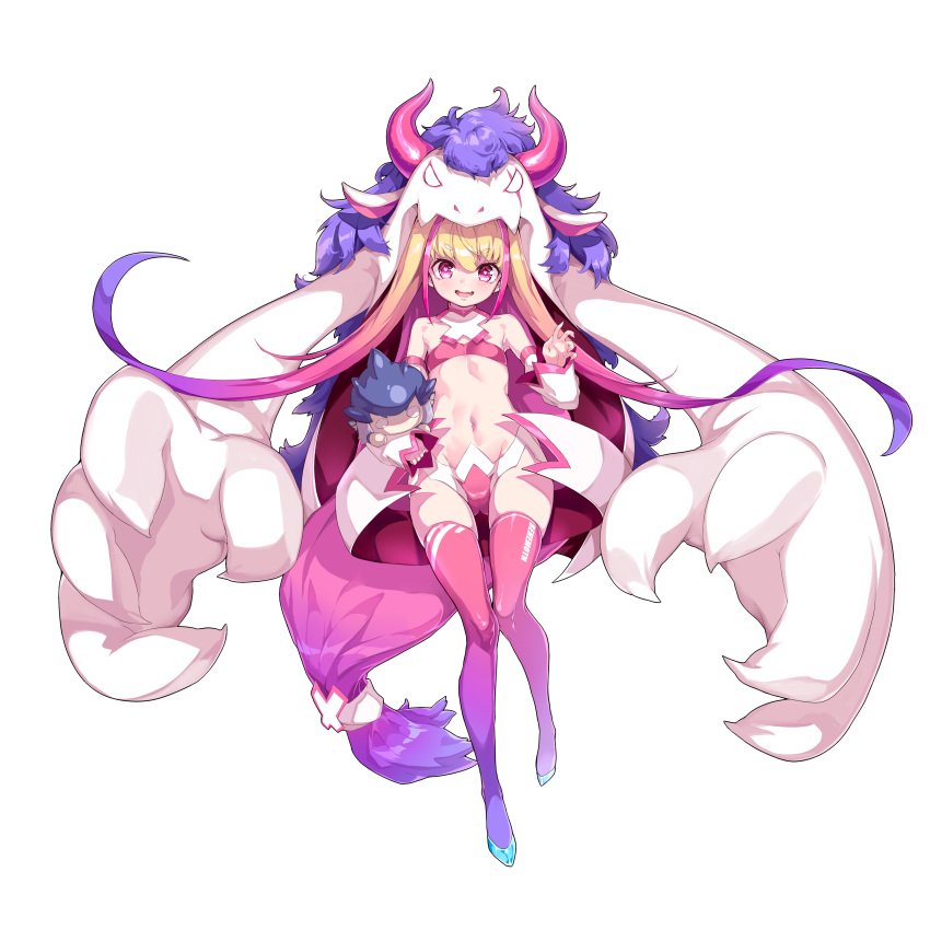 1girl absurdres ark_order behemoth_(ark_order) blonde_hair bra claw_pose gradient_hair gradient_legwear hat highres hood hoodie horns leviathan_(ark_order) long_hair long_sleeves multicolored_hair official_art pink_bra pink_eyes pink_hair pink_thighhighs purple_hair purple_thighhighs shanyao_jiang_tororo simple_background streaked_hair thighhighs two_side_up underwear very_long_hair white_background