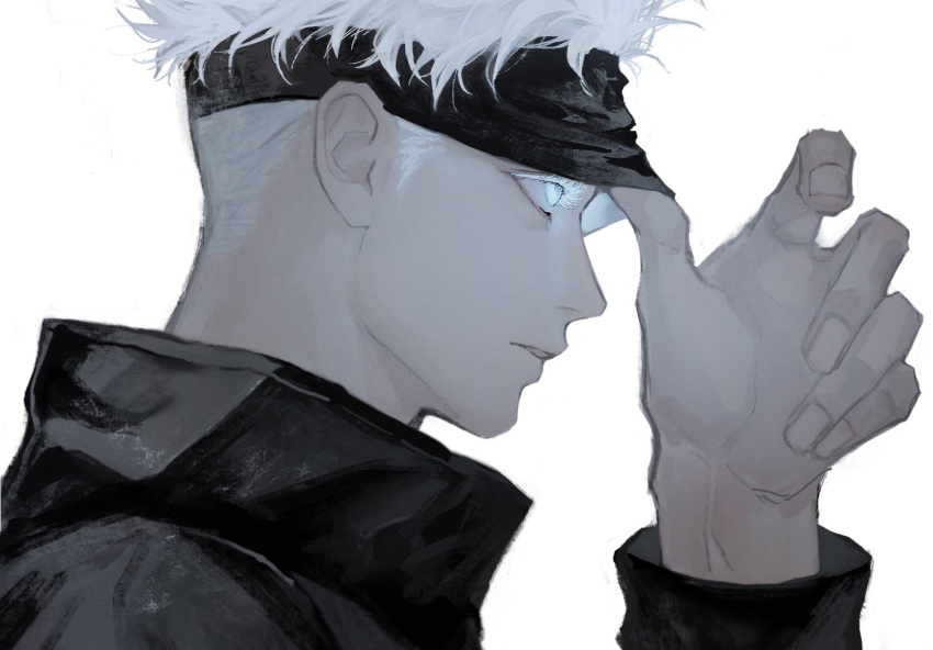 1boy black_blindfold black_jacket blindfold blindfold_lift blue_eyes gojou_satoru hand_up highres jacket jujutsu_kaisen long_sleeves male_focus n9c4z parted_lips profile short_hair simple_background solo upper_body white_background white_hair