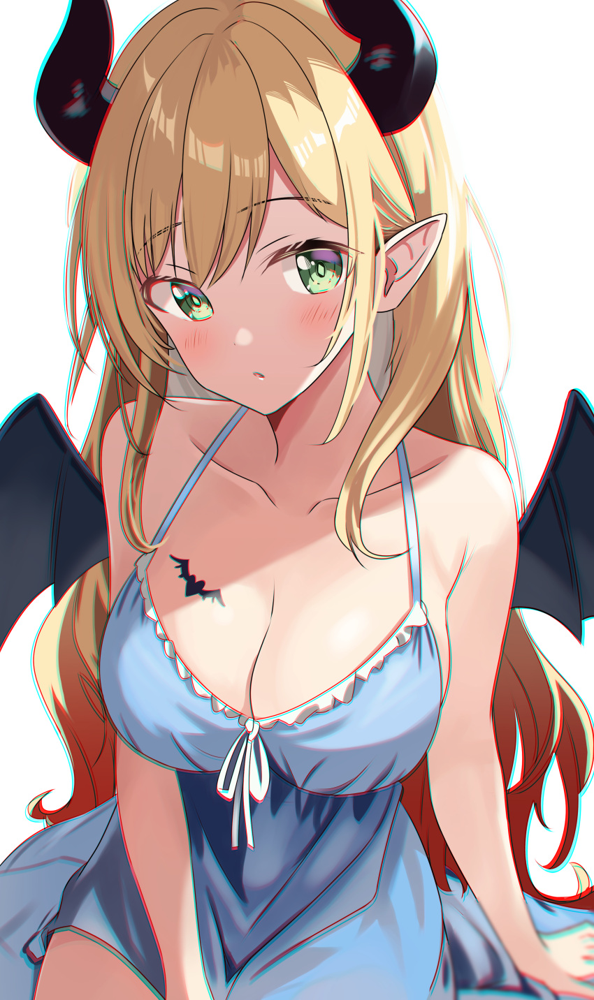 1girl absurdres alternate_costume bat_tattoo blonde_hair blue_dress blush breasts chest_tattoo chromatic_aberration cleavage collarbone commentary cowboy_shot demon_horns demon_wings dress gradient_hair green_eyes halter_dress halterneck highres hololive horns large_breasts long_hair looking_at_viewer masaki_(masakinariya) multicolored_hair parted_lips pink_hair pointy_ears sidelocks simple_background sitting sleeveless sleeveless_dress solo tattoo two-tone_hair virtual_youtuber white_background wings yuzuki_choco