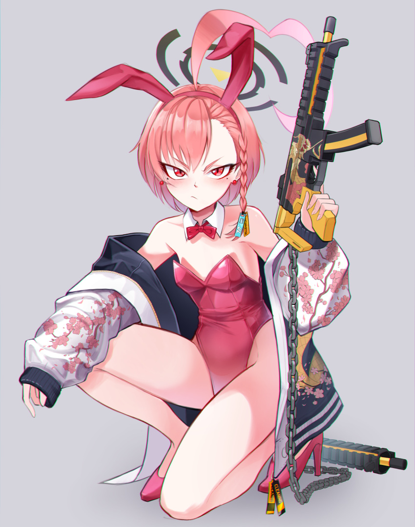 1girl :/ absurdres ahoge animal_ears arm_on_knee arm_up asymmetrical_bangs blue_archive bow bowtie braid chain detached_collar earrings fake_animal_ears full_body grey_background gun halo high_heels highleg highleg_leotard highres holding holding_gun holding_weapon huge_ahoge jacket jewelry leotard mole mole_under_eye mr.thunderigor neru_(blue_archive) neru_(bunny)_(blue_archive) official_alternate_costume one_knee orange_hair oversized_breast_cup playboy_bunny print_jacket rabbit_ears red_bow red_bowtie red_eyes red_footwear red_leotard short_hair sig_sauer_mpx single_braid solo strapless strapless_leotard submachine_gun sukajan tag thighs traditional_bowtie weapon