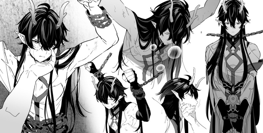 1boy black_hair chain chinese_clothes dan_heng_(honkai:_star_rail) dan_heng_(imbibitor_lunae)_(honkai:_star_rail) dragon_boy dragon_horns earrings gloves greyscale h02515419 honkai:_star_rail honkai_(series) horns jewelry male_focus monochrome pointy_ears simple_background torture traditional_clothes white_background