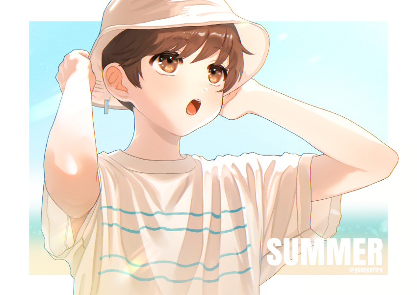 1boy absurdres blue_sky border bowl bowl_hat brown_eyes brown_hair facing_to_the_side hat highres looking_up male_child male_focus ocean open_mouth original shirt short_hair short_sleeves sky solo summer t-shirt twitter_username white_border white_shirt yamaoka_(gonda_reu)