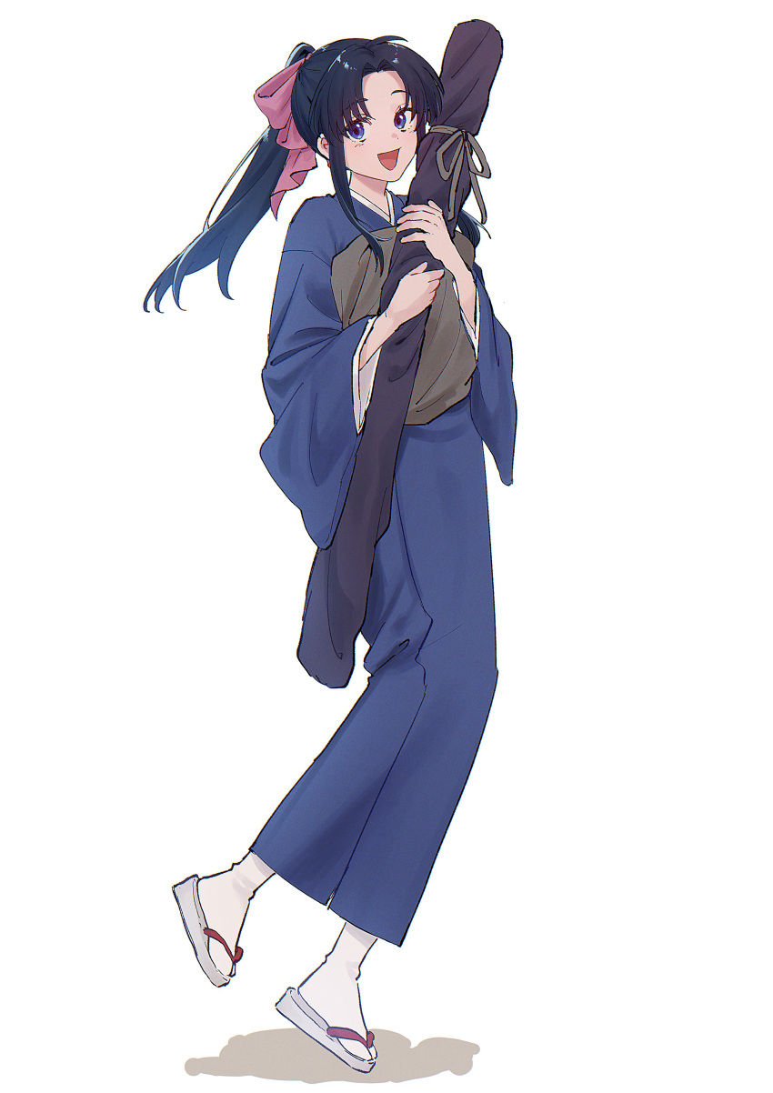 1girl absurdres black_hair blue_eyes blue_hair blue_kimono commentary_request full_body hair_ribbon high_ponytail highres holding_shinai japanese_clothes kamiya_kaoru kimono long_hair long_sleeves looking_at_viewer mabi_(vuwn2437) open_mouth parted_bangs pink_ribbon ribbon rurouni_kenshin shinai sidelocks smile solo standing standing_on_one_leg sword tabi weapon weapon_bag white_background wide_sleeves zouri