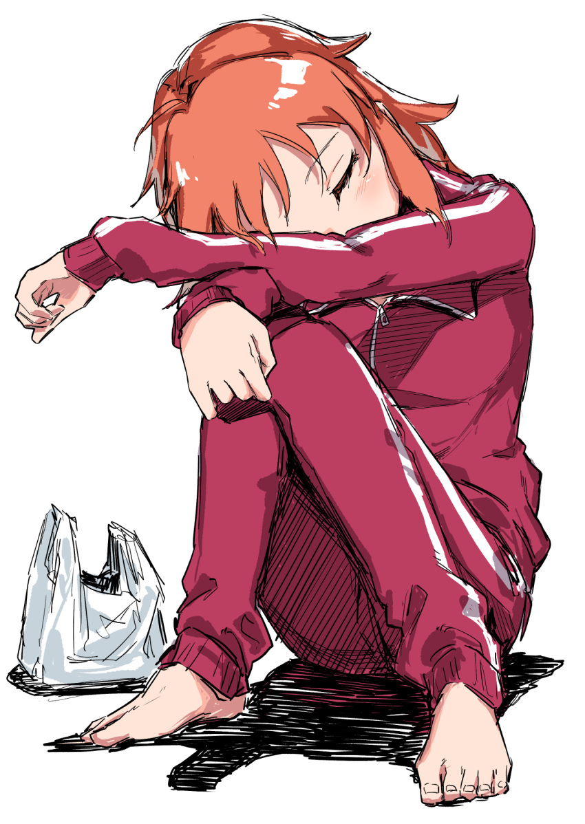 1girl abe_nana bag barefoot blush closed_eyes commentary_request hamita1220 highres idolmaster idolmaster_cinderella_girls jacket knees_together_feet_apart long_sleeves one_eye_covered orange_hair pants plastic_bag simple_background sitting sleeping solo toes track_jacket track_pants white_background zipper_pull_tab