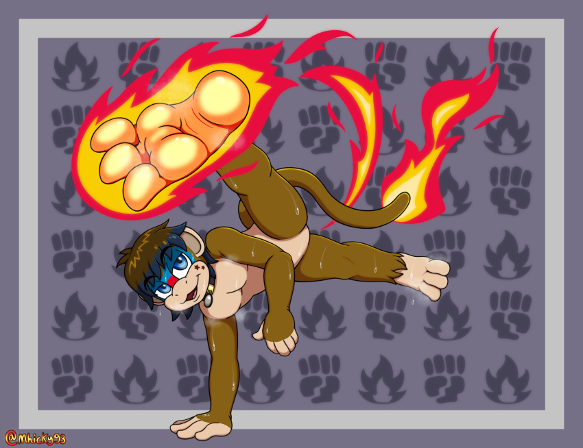 3_toes absurd_res anthro blaze_kick bodily_fluids capoeira collar elemental_manipulation feet fire fire_manipulation generation_4_pokemon haplorhine hi_res jake_(jakiepour148) male mammal mhicky93 monferno monkey nintendo pokemon pokemon_(species) primate soles solo sweat sweatdrop sweaty_feet sweaty_legs toes