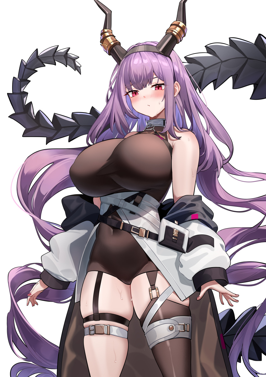 1girl absurdres arknights bare_shoulders black_leotard black_thighhighs breasts commentary_request cowboy_shot garter_straps highres horns huge_breasts leotard long_hair looking_at_viewer off_shoulder purple_hair red_eyes shuibo simple_background single_thighhigh skindentation solo standing thigh_strap thighhighs thighs typhon_(arknights) very_long_hair white_background