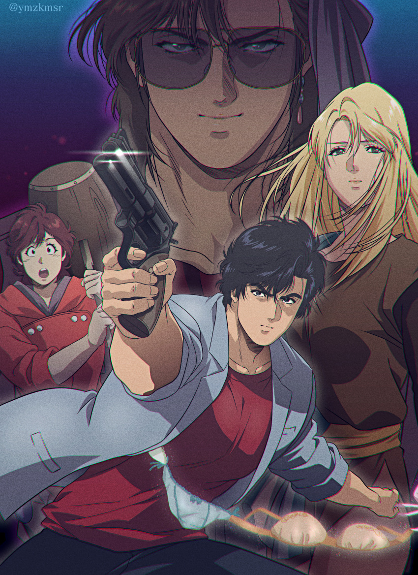 2boys 2girls absurdres black_hair black_pants blonde_hair blue_background blue_jacket bra brown_hair brown_shirt city_hunter closed_mouth douglas_(city_hunter) emily_o`hara gun handgun highres holding holding_gun holding_mallet holding_weapon jacket long_hair makimura_kaori mallet multiple_boys multiple_girls open_mouth panties pants red_shirt saeba_ryou shirt short_hair smile teeth tinted_eyewear twitter_username underwear upper_teeth_only weapon yuu_(masarunomori)