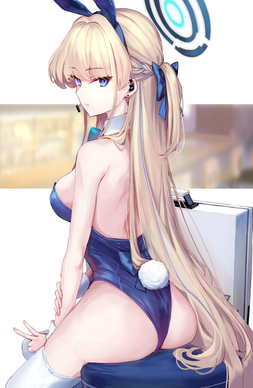 1girl animal_ears ass bare_arms bare_shoulders blonde_hair blue_archive blue_bow blue_bowtie blue_eyes blue_hairband bow bowtie breasts closed_mouth commentary_request detached_collar fake_animal_ears fake_tail hairband halo highres large_breasts long_hair looking_at_viewer ninoude_(ninoude44) playboy_bunny rabbit_ears rabbit_tail solo tail thighhighs thighs toki_(blue_archive) toki_(bunny)_(blue_archive) v white_thighhighs wrist_cuffs