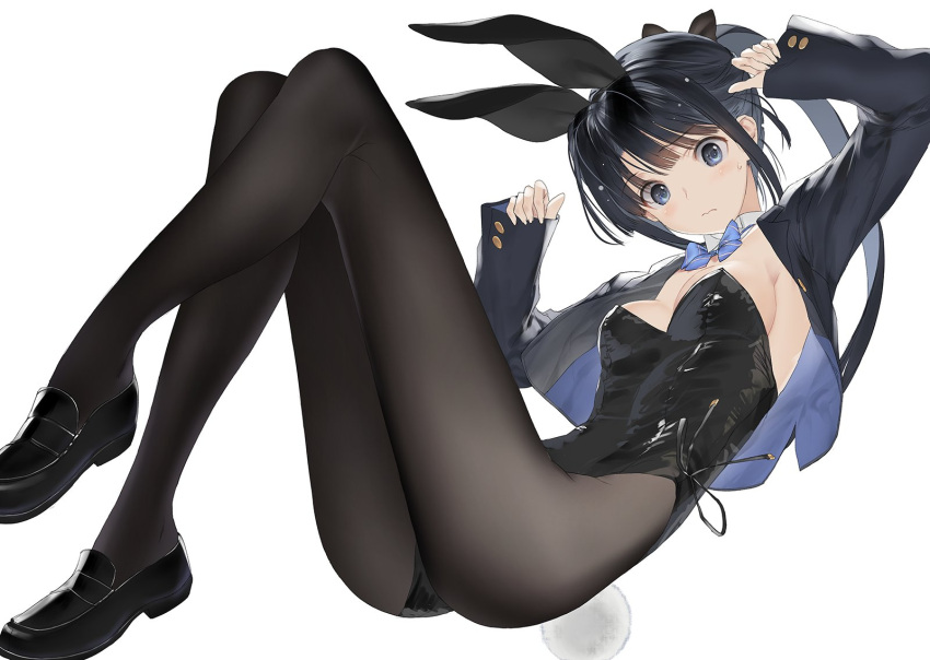1girl animal_ears black_footwear black_hair black_jacket black_leotard black_pantyhose blush bow bowtie breasts cropped_jacket detached_collar fake_animal_ears fake_tail full_body grey_eyes highres jacket knees_up legs leotard loafers long_hair long_legs long_sleeves medium_breasts nakamura_takeshi open_clothes open_jacket original pantyhose playboy_bunny ponytail rabbit_ears rabbit_tail shoes simple_background solo strapless strapless_leotard sweatdrop tail wavy_mouth white_background
