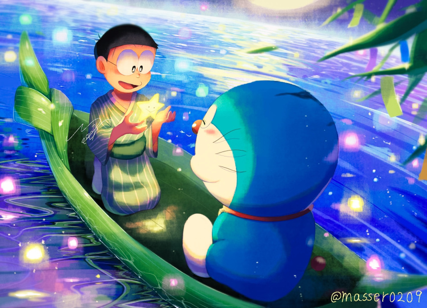 1boy ^_^ artist_name bamboo black_eyes black_hair blush boat closed_eyes closed_mouth collar commentary_request doraemon doraemon_(character) glasses green_kimono green_sash hands_up japanese_clothes kimono kneeling long_sleeves looking_at_another male_focus masser0209 night nobi_nobita obi open_mouth outdoors red_collar sash short_hair signature sitting smile star_(symbol) striped striped_kimono tanabata tanzaku twitter_username vertical-striped_kimono vertical_stripes water watercraft whiskers wide_sleeves