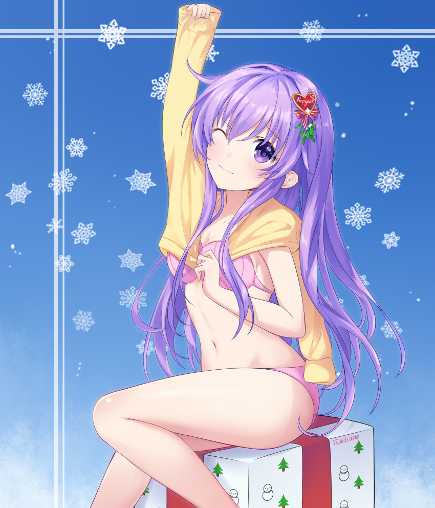 1girl absurdres areluna arm_up blue_background bra breasts choujigen_game_neptune christmas_present english_commentary gift gradient_background head_tilt highres knees_together_feet_apart light_blush linea_alba long_hair looking_at_viewer medium_breasts mistletoe_hair_ornament navel nepgear neptune_(series) one_eye_closed panties pink_bra pink_panties purple_eyes purple_hair shadow sidelocks sitting snowflakes snowman_print solo stretching sweater thighs underwear very_long_hair yellow_sweater
