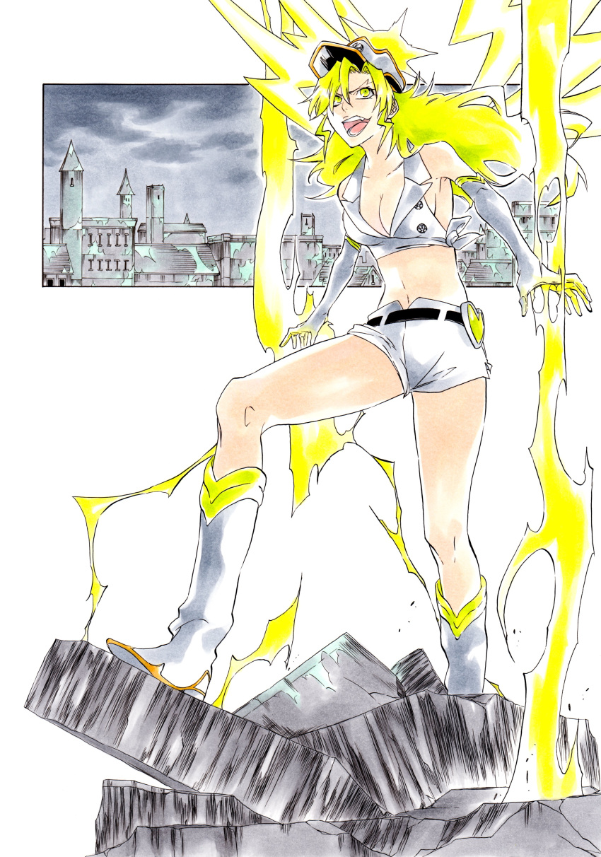 1girl absurdres belt bleach bleach:_the_thousand-year_blood_war boots breasts candice_catnipp cityscape cleavage cloud cloudy_sky collarbone crop_top elbow_gloves electricity electrokinesis energy_wings gloves green_eyes green_hair halo hat heart-shaped_ornament highres ken'ichi_(ken1ro_u) lightning long_hair military_hat open_mouth quincy_(bleach) rubble short_shorts shorts sky solo white_footwear white_shorts wings yellow_halo yellow_lightning