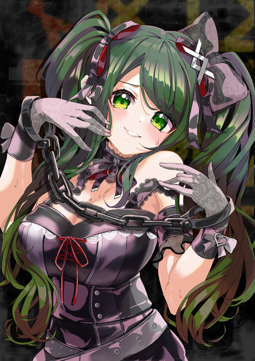 1girl absurdres bare_shoulders belt black_background black_bow black_dress black_gloves black_ribbon blush bow breasts chain chained chained_wrists cleavage commentary cross-laced_clothes cross-laced_dress cuffs d4dj detached_sleeves dress dyna_(d4) frilled_sleeves frills glove_bow gloves green_eyes green_hair grey_belt hair_bow hair_ribbon hands_up head_tilt highres lace-trimmed_dress lace_trim large_breasts long_hair neck_ribbon nervous_smile official_alternate_costume parted_lips purple_bow purple_dress purple_gloves purple_ribbon raised_eyebrows ribbon shimizu_esora short_sleeves sidelocks sleeveless sleeveless_dress smile solo standing strap_slip sweat swept_bangs twintails two-tone_bow two-tone_dress two-tone_gloves two-tone_ribbon upper_body