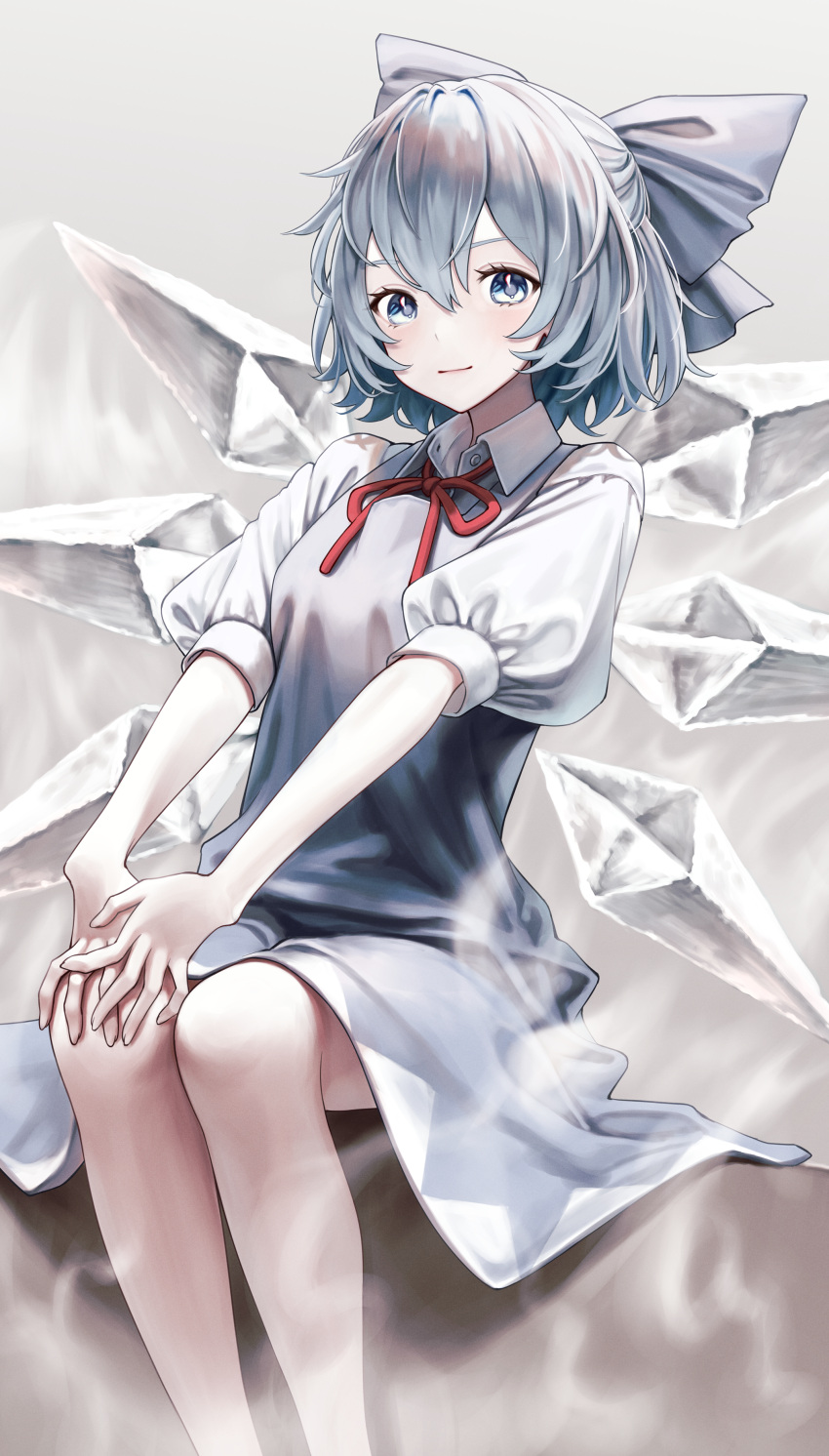 1girl absurdres bare_legs blue_bow blue_dress blue_eyes blue_hair blush bow cirno cirno_day commentary dress feet_out_of_frame hair_bow hands_on_own_knees highres ice ice_wings light_smile looking_at_viewer neck_ribbon own_hands_together pinafore_dress puffy_short_sleeves puffy_sleeves red_ribbon ribbon shirt short_hair short_sleeves sleeveless sleeveless_dress solo torinari_(dtvisu) touhou white_shirt wings