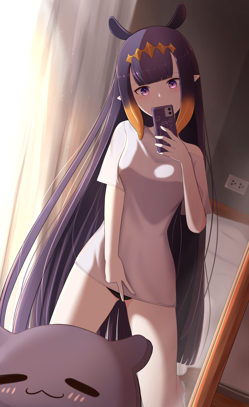 1girl :3 absurdres bare_legs bed bed_sheet black_panties black_underwear blush breasts cellphone commentary curtains dutch_angle electrical_outlet eyebrows_hidden_by_hair frokiya gradient_hair head_tilt headpiece highres holding holding_phone hololive hololive_english inward_v long_hair medium_breasts mirror mole mole_under_eye multicolored_hair ninomae_ina'nis no_pants orange_hair panties phone pointy_ears purple_eyes purple_hair selfie shirt shirt_slip sidelighting sidelocks smartphone solo taking_picture takodachi_(ninomae_ina'nis) tentacle_hair underwear v very_long_hair virtual_youtuber wall white_shirt