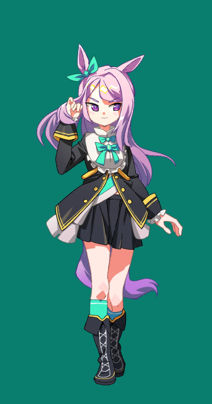 1girl absurdres animal_ears black_coat black_footwear black_skirt boots bow bowtie closed_mouth coat ear_bow full_body green_background green_socks hair_tucking hand_up highres horse_ears horse_girl horse_tail long_hair long_sleeves looking_to_the_side mejiro_mcqueen_(racehorse) purple_eyes purple_hair shirt simple_background skirt smile socks solo standing suzuhara_kenji tail umamusume v-shaped_eyebrows