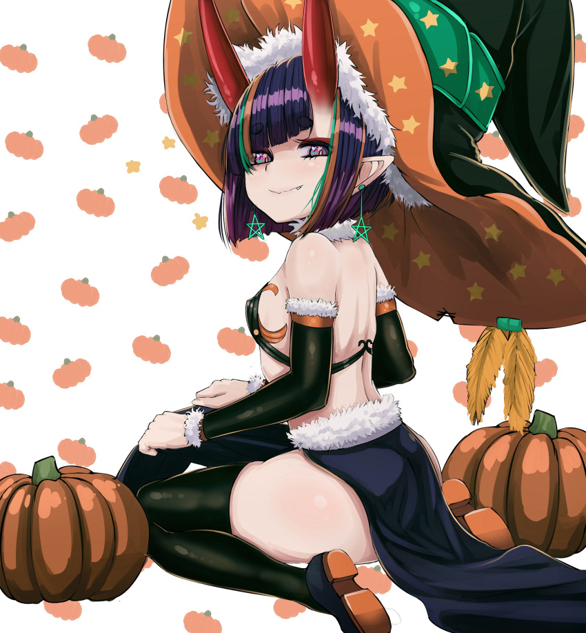 1girl b.d bare_shoulders black_headwear bob_cut breasts eyeliner fate/grand_order fate_(series) halloween_costume hat highres horns looking_at_viewer makeup oni oni_horns pointy_ears pumpkin purple_eyes purple_hair short_hair shuten_douji_(fate) skin-covered_horns small_breasts smile solo witch_hat