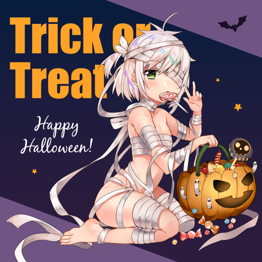 1girl bandage_over_one_eye bandaged_arm bandaged_head bandaged_leg bandages barefoot bat_(animal) candy cursive english_text flat_chest food food_in_mouth green_eyes halloween halloween_bucket halloween_costume happy_halloween highres jack-o'-lantern kneeling lollipop looking_at_viewer mummy_costume navel official_art sarashi solo star_(symbol) text_background trick_or_treat two_side_up w white_hair xiaoru_(you_can_eat_the_girl) you_can_eat_the_girl