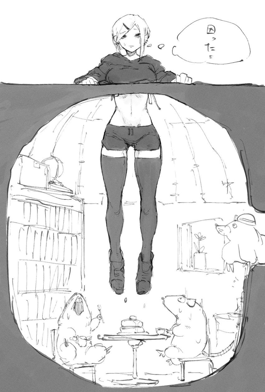 1girl animal bags_under_eyes bookshelf check_translation clothed_animal commentary dolphin_shorts eating food greyscale hair_ornament hairclip hard_hat helmet highres hood hood_down hoodie kankaku_shadan long_sleeves looking_at_another looking_at_viewer mole_(animal) monochrome mouse original pancake pancake_stack parody shiro_iku shoes short_hair short_shorts shorts sidelocks sketch sneakers solo stomach straight-on stuck sweat swept_bangs table thighhighs thighs thought_bubble through_ground toned translation_request underground