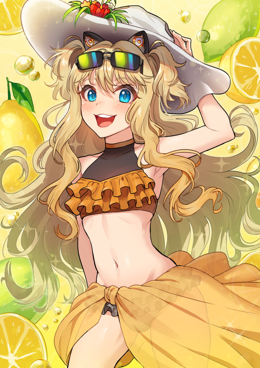 1girl air_bubble animal_ears bikini black_bikini blonde_hair bubble cat_ears commentary cowboy_shot eyewear_on_head fake_animal_ears food frilled_bikini frills fruit halterneck hand_on_headwear hat highres kamille_(vcx68) lemon lime_(fruit) long_hair looking_at_viewer navel open_mouth orange_(fruit) orange_sarong sarong seeu smile solo standing sun_hat sunglasses swimsuit two_side_up vocaloid wavy_hair white_headwear