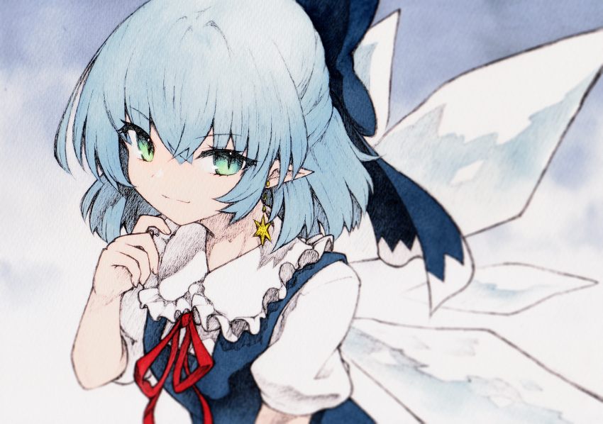 1girl blue_bow blue_dress blue_hair bow cirno closed_mouth collared_shirt detached_wings dress earrings fairy frilled_shirt_collar frills green_eyes hair_bow highres ice ice_wings jewelry looking_at_viewer pinafore_dress pointy_ears puffy_short_sleeves puffy_sleeves qqqrinkappp shirt short_hair short_sleeves sleeveless sleeveless_dress smile solo star_(symbol) star_earrings touhou traditional_media upper_body white_shirt wings