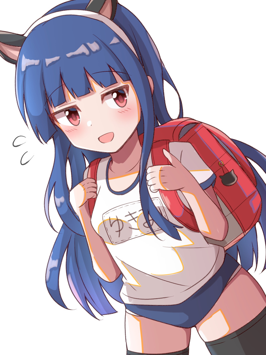 1girl absurdres animal_ears backpack bag black_thighhighs blue_buruma blue_hair blunt_bangs blush buruma cat_ears character_name collarbone cowboy_shot dot_nose fake_animal_ears flat_chest flying_sweatdrops ginmugi gym_shirt gym_uniform hairband hands_up highres holding_strap idolmaster idolmaster_cinderella_girls idolmaster_cinderella_girls_starlight_stage long_hair looking_at_viewer name_tag open_mouth randoseru red_eyes sajo_yukimi shirt short_sleeves shy simple_background smile solo standing thighhighs white_background white_hairband white_shirt