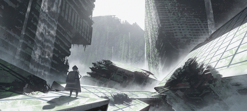 1other abandoned ambiguous_gender asteroid_ill city day destruction highres looking_afar moss original outdoors post-apocalypse robe scenery shadow sky solo standing white_robe