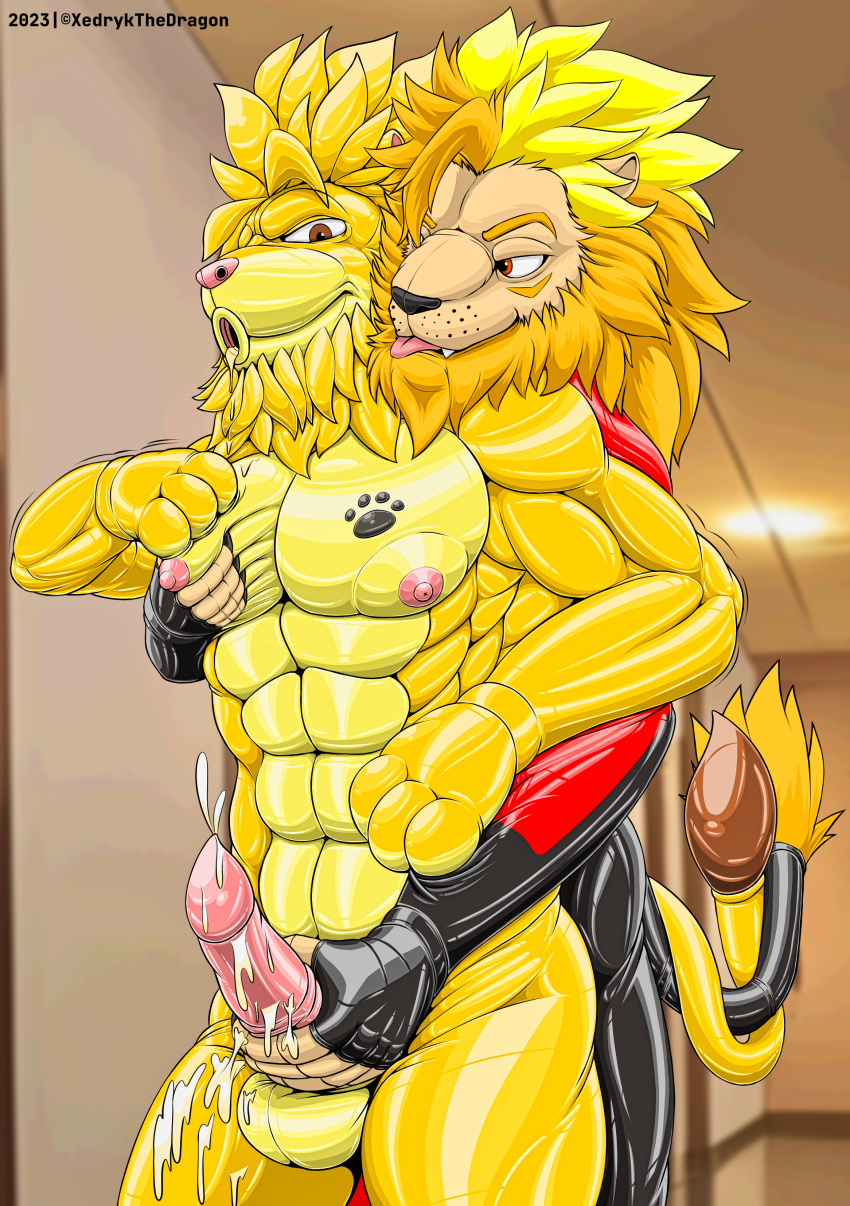 absurd_res anthro bound clothing duo encasement felid goo_transformation hi_res humanoid lion male male/male mammal pantherine rubber rubber_clothing rubber_suit toysuit transformation xedrykthedragon