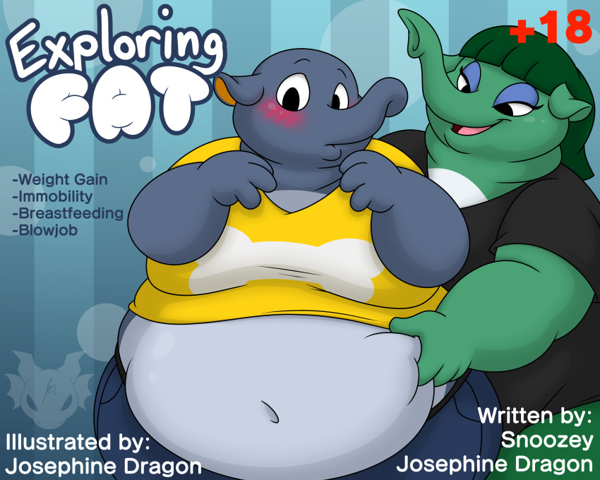 animal_crossing anthro bedroom_eyes blush bottomwear clothing comic cover cover_art cover_page denim denim_clothing dizzy_(animal_crossing) duo elephant elephantid female hand_on_stomach hi_res jeans jouigidragon male male/female mammal narrowed_eyes nintendo opal_(animal_crossing) overweight overweight_male pants proboscidean seductive