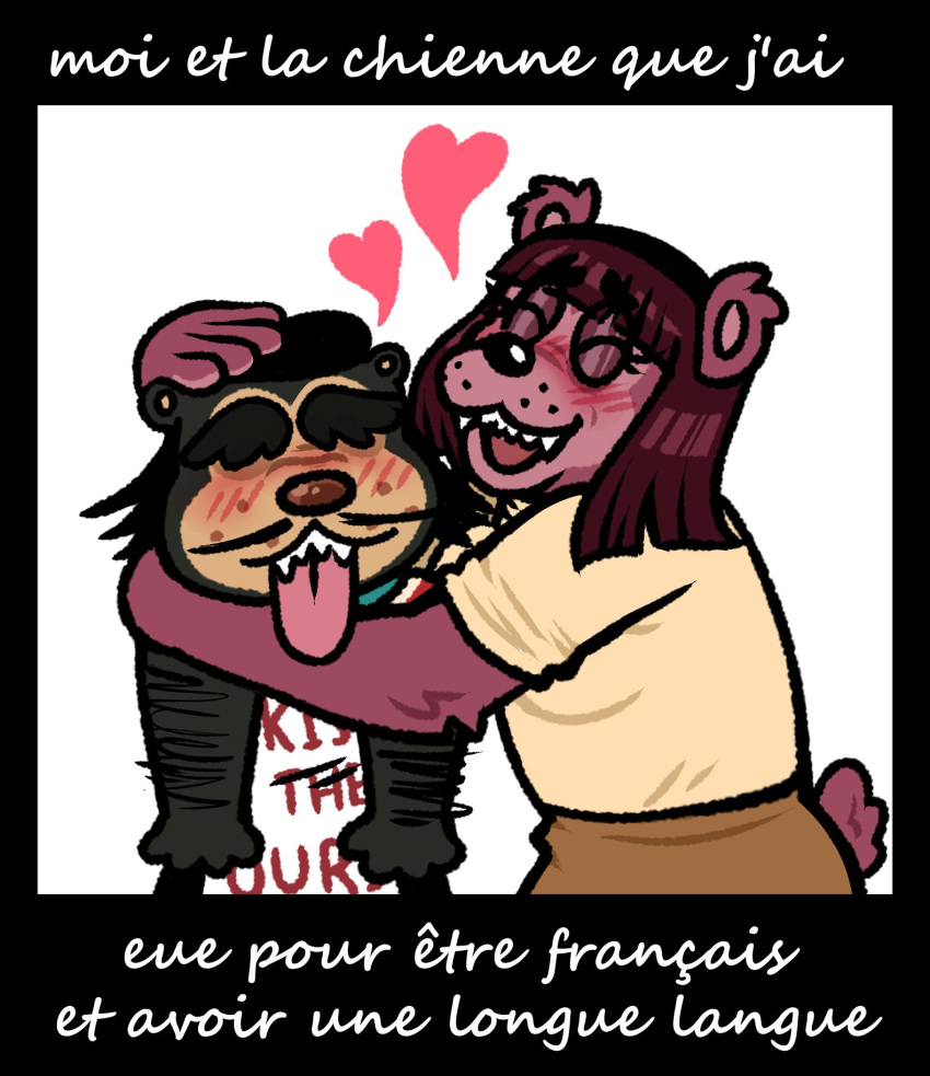 &lt;3 2023 anthro bear black_border blarf022 blush border brown_bear duo embrace female french_text grizzly_bear hi_res hug husband_and_wife male male/female mammal married_couple me_and_the_bad_bitch_i_pulled_by_being sherry's_dad_(blarf022) sherry's_mom_(blarf022) simple_background sun_bear text tongue tongue_out translated ursine white_background