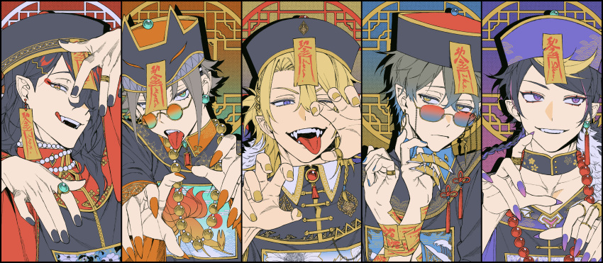 5boys ;d absurdres animal_hat aqua-tinted_eyewewar aqua_background aqua_eyes arm_up asa_no_ha_(pattern) babyseven_77 bead_choker bead_necklace beads black_hair black_nails blonde_hair blue-tinted_eyewear blue_background blue_eyes blue_hair blue_nails bound bound_wrists braid braided_ponytail brown_hair chain chinese_clothes choker claw_pose claw_ring closed_mouth clothing_cutout collarbone collared_shirt commentary crossed_bangs earrings egasumi english_commentary eyelashes eyeliner eyeshadow eyewear_strap fangs fingernails floral_print fox_hat frown gem glasses gold_chain gold_earrings gold_trim gradient-tinted_eyewear gradient_background gradient_nails grey_hair grey_headwear hair_behind_ear hair_between_eyes hair_ornament hair_over_one_eye hairclip hand_up hands_up hat highres ike_eveland jewelry jiangshi licking_lips long_fingernails long_hair long_sleeves looking_at_viewer looking_over_eyewear luca_kaneshiro luxiem makeup male_focus mandarin_collar medium_hair multicolored_eyes multicolored_hair multiple_boys multiple_rings mysta_rias nail_polish necklace nijisanji nijisanji_en ofuda ofuda_earrings one_eye_closed one_eye_covered open_mouth orange-tinted_eyewear orange_background orange_eyes orange_headwear orange_nails parted_bangs pink_background pink_hair pink_nails pointy_ears polka_dot polka_dot_background print_shirt purple_background purple_eyes purple_hair purple_headwear purple_nails qing_guanmao red-tinted_eyewear red_background red_eyeliner red_eyeshadow red_hair red_headwear ring round_eyewear sakuramon seigaiha shadow sharp_fingernails shirt short_hair short_sidetail shu_yamino sidelocks simple_background single_braid single_earring slit_pupils smile streaked_hair swept_bangs tassel tassel_earrings teeth thumb_ring tinted_eyewear tongue tongue_out upper_body v-shaped_eyebrows virtual_youtuber vox_akuma white_choker wide_sleeves wing_collar yellow_background yellow_eyes yellow_nails