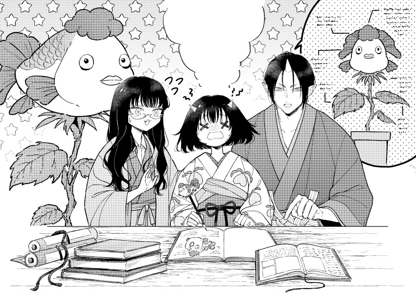 1boy 2girls absurdres black_hair book commentary_request glasses greyscale highres hoozuki_(hoozuki_no_reitetsu) hoozuki_no_reitetsu horns japanese_clothes long_hair miki_(hoozuki_no_reitetsu) monochrome multiple_girls neginoaoitokoro oni_horns peach_maki plant scroll short_hair x_x