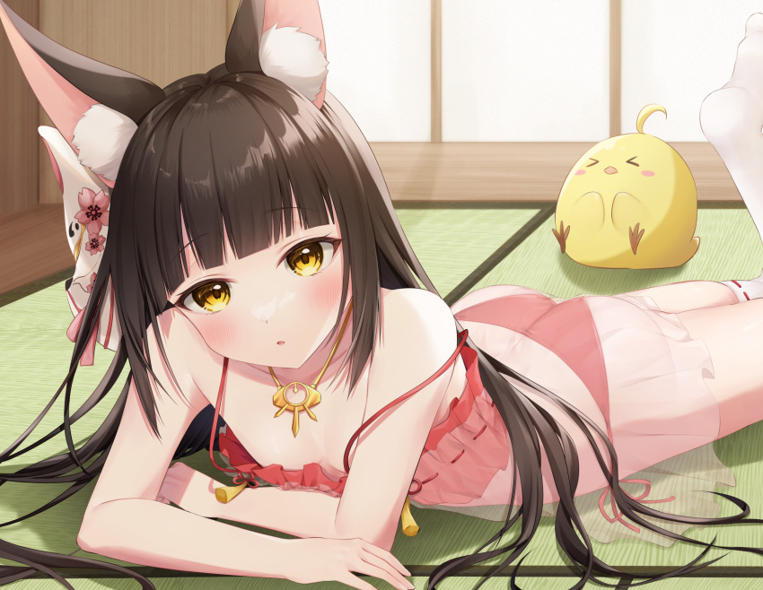 1girl animal_ear_fluff animal_ears azur_lane black_hair blunt_bangs blush breasts camisole collarbone commentary_request feet_up fox_ears fox_girl fox_mask frilled_camisole frills highres indoors jewelry long_hair looking_at_viewer lying manjuu_(azur_lane) mask mask_on_head nagato_(azur_lane) nagato_(great_fox's_respite)_(azur_lane) nagura_shiro no_shoes on_floor on_stomach panties parted_lips pendant red_camisole red_panties see-through_camisole side-tie_panties small_breasts spaghetti_strap strap_slip sunlight tatami the_pose thighhighs underwear underwear_only white_thighhighs yellow_eyes