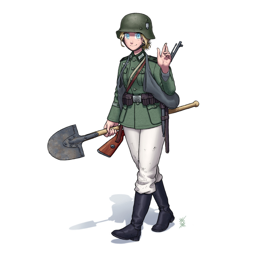 1girl absurdres ammunition_pouch blonde_hair blue_eyes bolt_action boots collar_tabs combat_helmet entrenching_tool full_body gun gun_sling helmet highres holding holding_shovel load_bearing_equipment long_sleeves mauser_98 military military_uniform original ostwindprojekt pants pouch rifle short_hair shovel simple_background solo stahlhelm uniform weapon white_background white_pants