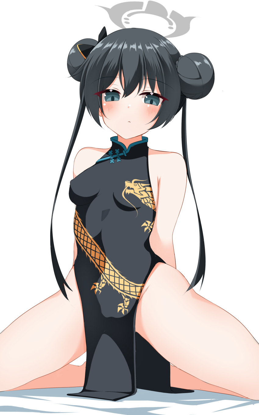 1girl absurdres bare_legs barefoot black_dress black_hair blue_archive blue_butterfly bug butterfly china_dress chinese_clothes commentary_request double_bun dress grey_eyes hair_between_eyes hair_bun halo highres kisaki_(blue_archive) kneeling long_hair looking_at_viewer no_panties pelvic_curtain pia_(botamochinjufu) side_slit sidelocks simple_background sleeveless sleeveless_dress solo spread_legs twintails white_background