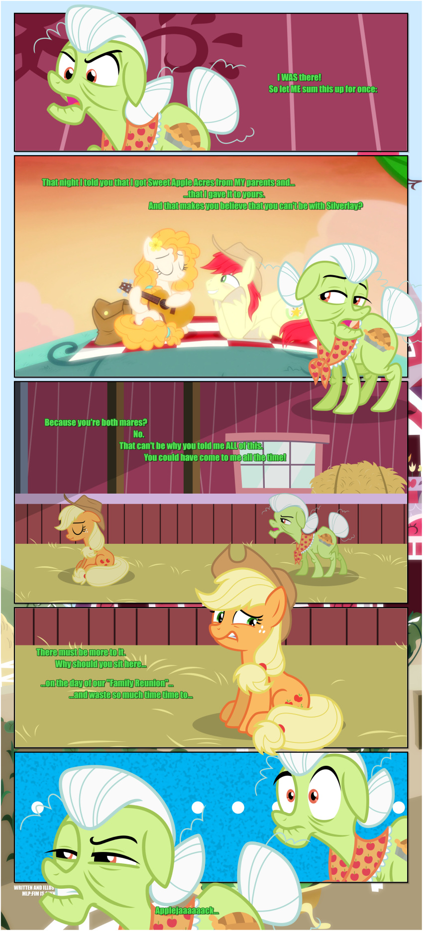 absurd_res accessory annoyed applejack_(mlp) black_border border bright_mac_(mlp) clothing cowboy_hat cutie_mark daughter_(lore) dialogue ears_down ears_up earth_pony equid equine estories eyes_closed family father_(lore) father_and_child_(lore) father_and_daughter_(lore) female feral flower flower_in_hair friendship_is_magic grandchild_(lore) granddaughter_(lore) grandmother_(lore) grandmother_and_grandchild_(lore) grandmother_and_granddaughter_(lore) grandparent_(lore) grandparent_and_grandchild_(lore) granny_smith_(mlp) group guitar hair hair_accessory hasbro hat hay headgear headwear hi_res horse male mammal mother_(lore) mother_and_child_(lore) mother_and_daughter_(lore) mother_and_son_(lore) musical_instrument my_little_pony narrowed_eyes open_mouth parent_(lore) parent_and_child_(lore) parent_and_daughter_(lore) parent_and_son_(lore) pear_butter_(mlp) picnic_blanket pivoted_ears plant plucked_string_instrument pony son_(lore) string_instrument suspicious sweet_apple_acres wide_eyed window