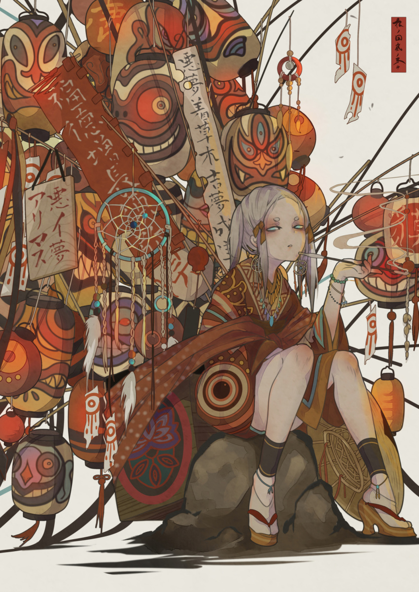 1girl ankle_strap banner bead_bracelet beads bracelet dream_catcher earrings hair_ribbon high_heels highres holding holding_smoking_pipe japanese_clothes jewelry kimono kiseru lantern long_hair looking_at_viewer multiple_bracelets nanahara_shie necklace no_pupils original paper_lantern print_kimono ribbon rock sandals shadow shoes short_kimono sign sitting smoking smoking_pipe socks solo thick_eyebrows white_background white_hair white_socks wide_sleeves