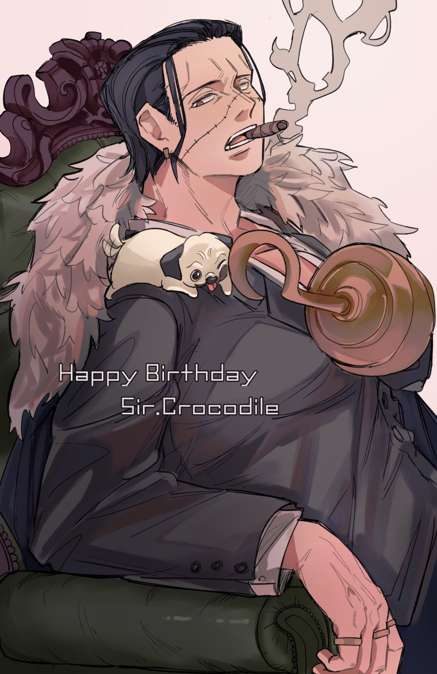 1boy animal animal_on_shoulder black_hair black_suit brown_eyes cigar coat coat_on_shoulders crocodile_(one_piece) dog dog_on_shoulder earrings fur-trimmed_coat fur_trim hair_slicked_back hand_up happy_birthday highres hook_hand jewelry kiri_220 male_focus multiple_rings one_piece pug ring scar scar_on_face simple_background sitting smoke smoking suit