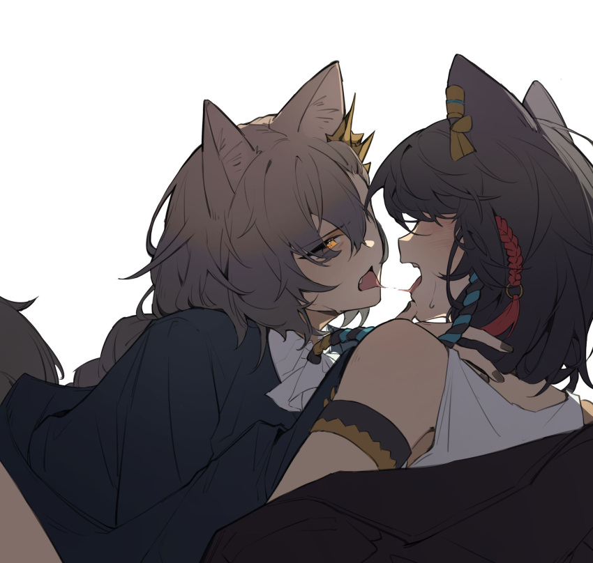 2girls after_kiss akechi_(826988799) animal_ears arknights armband ascot assertive_female bare_shoulders black_jacket black_nails blush braid brown_hair dress earclip eye_contact face-to-face fang hair_ornament hand_on_another's_shoulder highres jacket long_hair looking_at_another lunacub_(arknights) medium_hair multiple_girls nail_polish open_mouth orange_eyes penance_(arknights) shirt simple_background tail tongue tongue_out white_ascot white_background white_dress white_shirt wolf_ears wolf_girl wolf_tail yuri