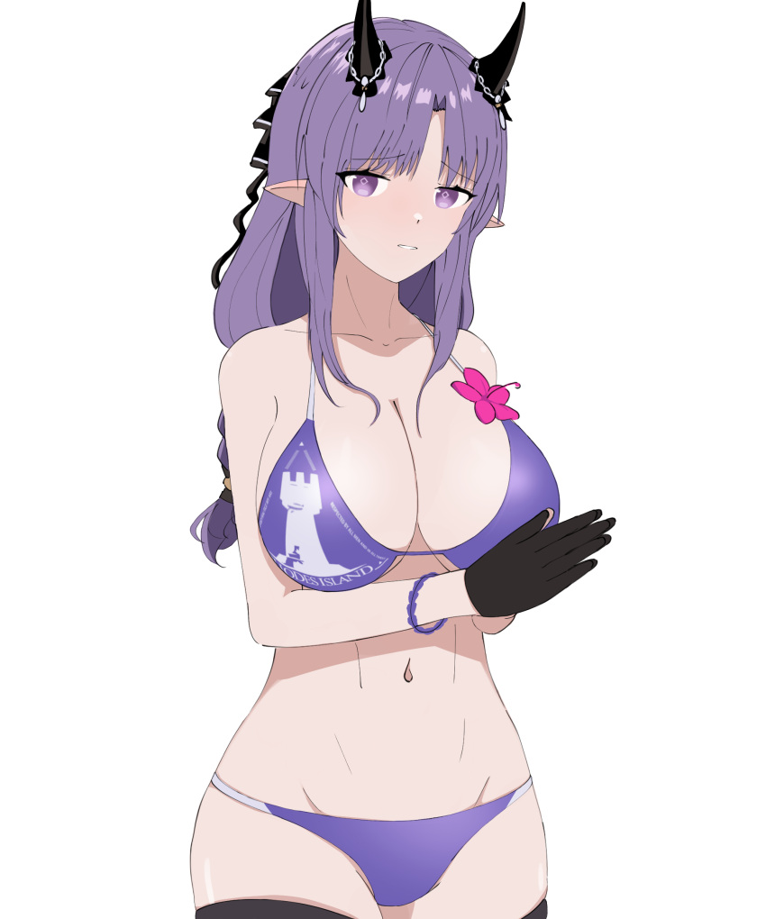 1girl absurdres arknights bikini black_gloves black_thighhighs blush bracelet braid breasts cleavage collarbone cowboy_shot flower gloves hibiscus hibiscus_(arknights) hibiscus_the_purifier_(arknights) highres horns jewelry kinoko_hakushaku large_breasts looking_at_viewer navel own_hands_together parted_lips pointy_ears purple_bikini purple_eyes purple_hair rhodes_island_logo simple_background single_braid smile solo stomach swimsuit thighhighs white_background