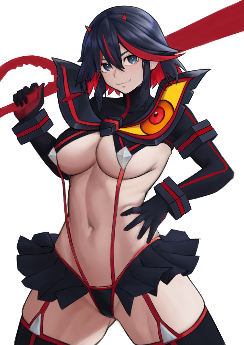 1girl absurdres black_hair blue_eyes breasts closed_mouth gloves groin hand_on_own_hip highres holding holding_sword holding_weapon horns kill_la_kill large_breasts matoi_ryuuko microskirt mori_makoto multicolored_hair navel red_hair red_horns revealing_clothes scissor_blade_(kill_la_kill) senketsu short_hair skirt smile solo stomach suspenders sword thighhighs thighs two-tone_hair weapon